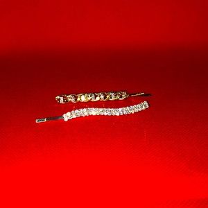 Herring Bone&Rhinestone Hair Pin 2-Pack- Gold Tone